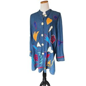 ✨NWT Indigo Blue Denim Lightweight Tunic Jacket with Colorful Embroidery